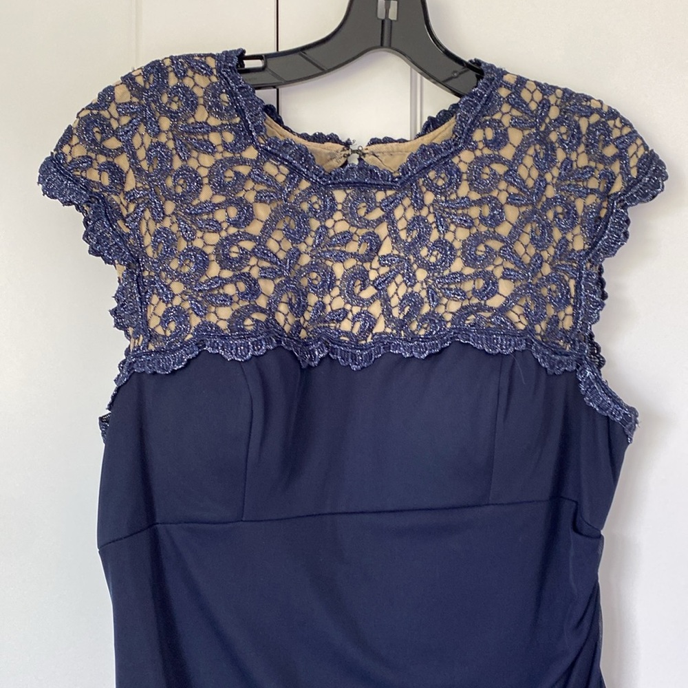 Alex Evenings Navy gown  12P w/front slit flowing overlay formal wear wedding